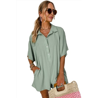 Spinach Green Half Button Collared Loose Romper