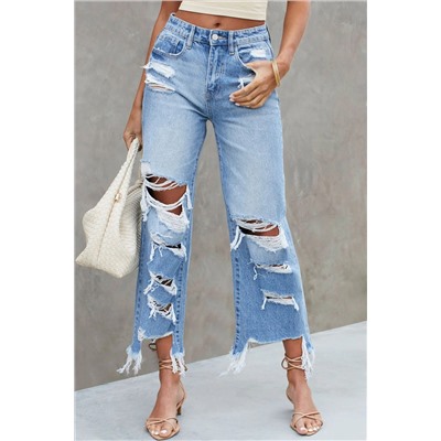 Sky Blue Heavy Destroyed High Waist Jeans