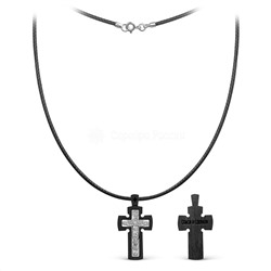 Крест из дерева граб на вощёном шнурке с элементом из чернёного серебра и родированием- Распятие 2,8 см ГК-018