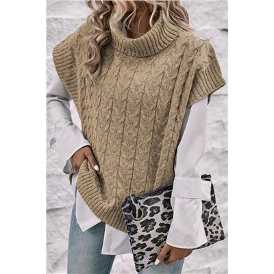 Light French Beige Cable Knit Turtleneck Batwing Sleeve Sweater