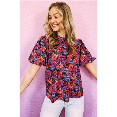 Multicolor Floral Print Round Neck Puff Sleeve Blouse