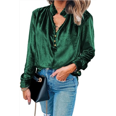 Blackish Green Frilled Neck Buttoned Front Velvet Top