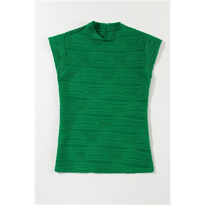 Dark Green Wavy Textured Mock Neck Cap Sleeve Top