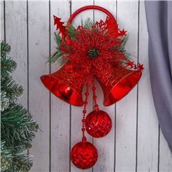 Украшение новогоднее "Два колокольчика с цветком и шариками" 19х41 см, красный