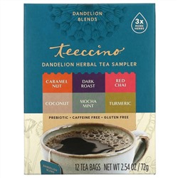 Teeccino, Dandelion Herbal Tea Sampler, 6 Flavors, Caffeine Free, 12 Tea Bags, 2.54 oz (72 g)