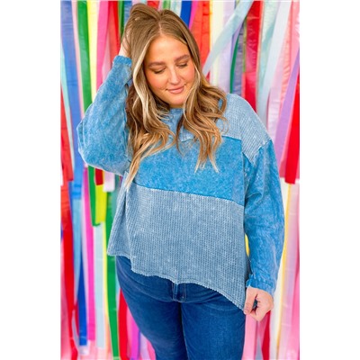 Sky Blue Plus Size Waffle Knit Patchwork Drop Shoulder Top