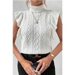 White Turtle Neck Short Sleeve Cable Knit Ruffled Sweater