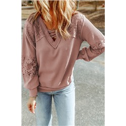 Pink Lace Waffle Patchwork Strappy V Neck Long Sleeve Top