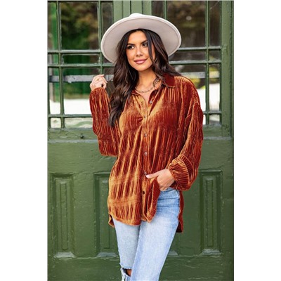 Brown Solid Color Textured Velvet Button Up Shirt