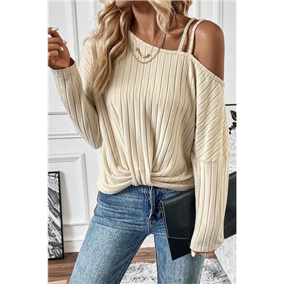 Apricot Asymmetrical Neck Cold Shoulder Twisted Knit Ribbed Top