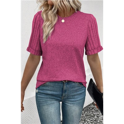 Bright Pink Ribbed Splicing Sleeve Round Neck T-shirt