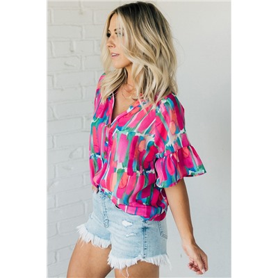 Rose Abstract Brushwork Print Buttoned V Neck Blouse