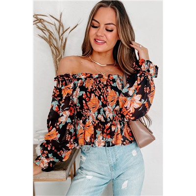 Black Off The Shoulder Smocked Floral Top