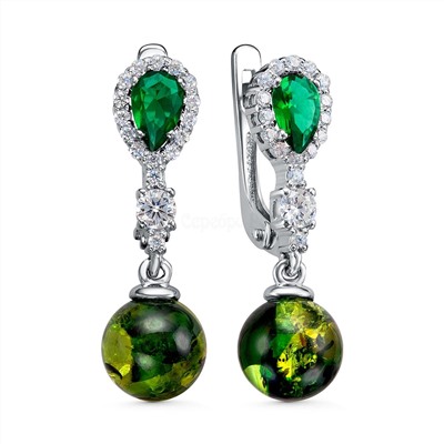 Кольцо из серебра с зелёным янтарём, ювелирным кристаллом и фианитами родированное 04-801-0038-09
