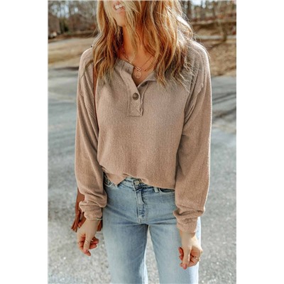 Apricot Button Split Neck Retro Patchwork Long Sleeve Top