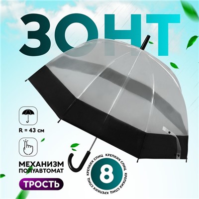 Зонт - трость полуавтоматический «Кант», 8 спиц, R = 43/60 см, D = 120 см, цвет чёрный/прозрачный