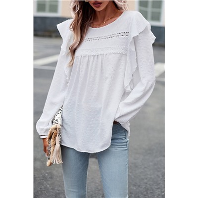 White Lace Eyelet Ruffle Shoulder Long Sleeve Blouse