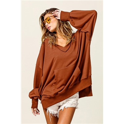 Chestnut V Neck Kangaroo Pocket Oversized Hoodie