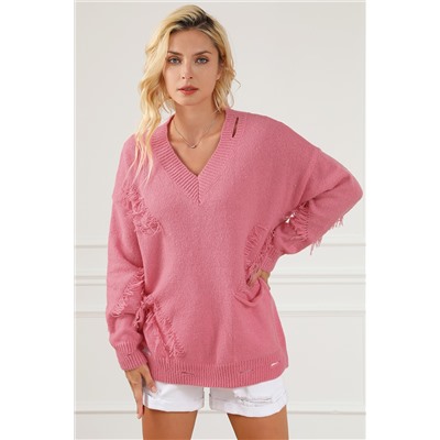 Розовый свитер с V-образным вырезом и бахромой