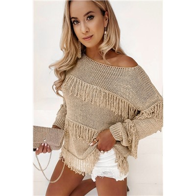 Khaki Boho Tasseled Knitted Sweater