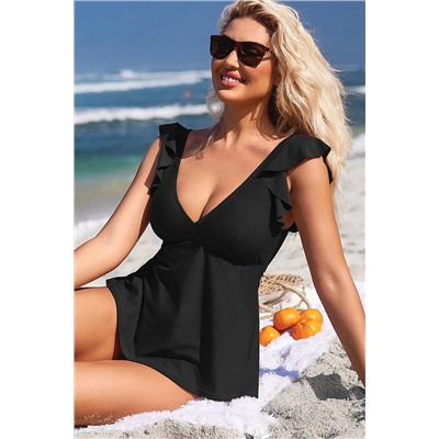 Black Sexy V Neck Ruffle Sleeve Tankini Top