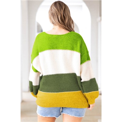 Green Plus Size Color Block Patchwork Sweater