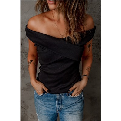 Black Ribbed Criss Cross Off Shoulder Top