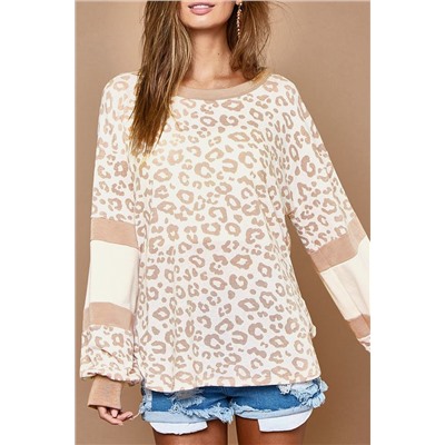 Bright White Leopard Print Round Neck Puff Sleeve Top