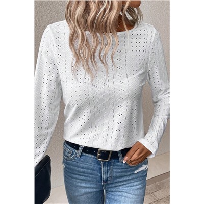 White Floral Lace Splicing Eyelet Long Sleeve Top