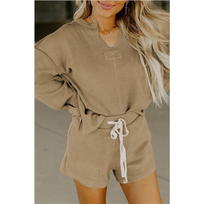 Khaki Exposed Seam Textured Long Sleeve Top Shorts Set