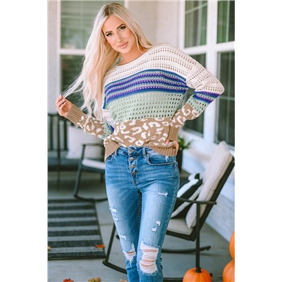 Multicolor Leopard Striped Mix Pattern Knit Crochet Sweater