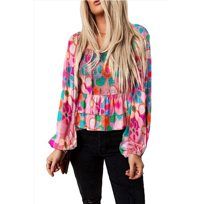 Multicolor Floral Print Smocked Square Neck Ruffles Blouse