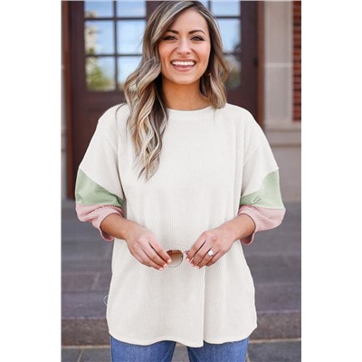 White Color Block Ribbed Knit Quarter Sleeve Top