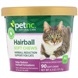 petnc NATURAL CARE, Мягкие жевательные таблетки для защиты от образования комков шерсти, для всех кошек, со вкусом курицы и сыра, 90 шт.