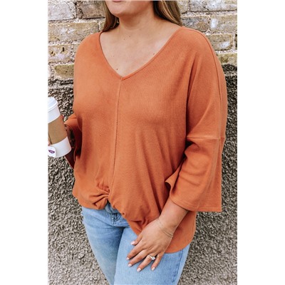 Gold Flame Plus Size Twist Hem Bracelet Sleeve Ribbed Top