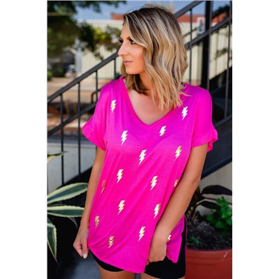 Rose Shiny Lightning Print V Neck Loose T Shirt