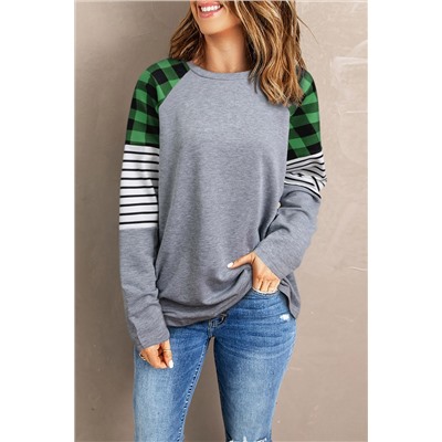 Green Buffalo Plaid & Stripe Splicing Long Sleeve Top