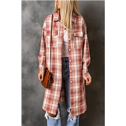 Red Plaid Print Button Long Shacket