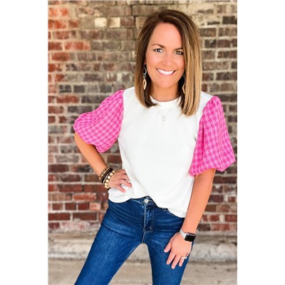 White Contrast Tweed Puff Sleeve Top