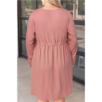 Pink Solid Button Front Plus Size Long Sleeve Dress