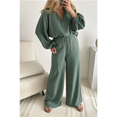 Green Crinkle Split Neck Top Loose Drawstring Pants Set