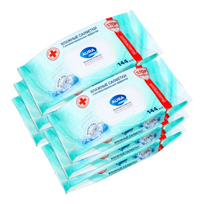 Влажные салфетки Aura Family антибактериальные, 6 упаковок по 144 шт