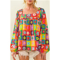 Multicolor Floral Crochet Square Neck Puff Sleeve Blouse