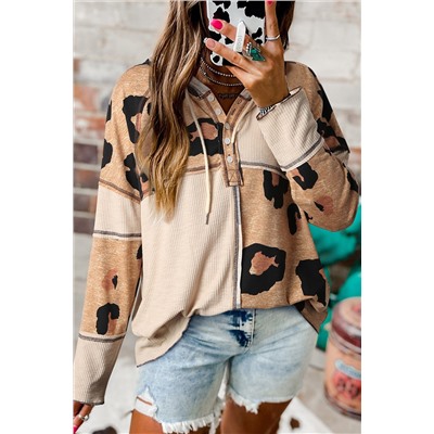 Leopard Print Exposed Seam Ribbed Patchwork Long Sleeve Top