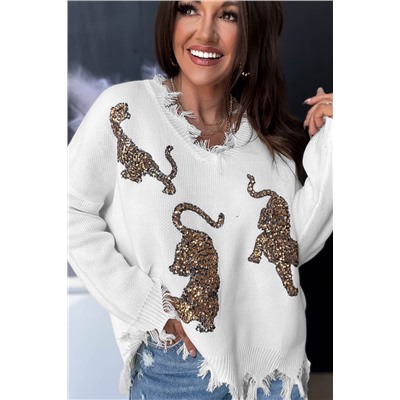 White Frayed Sequin Tiger Sweater