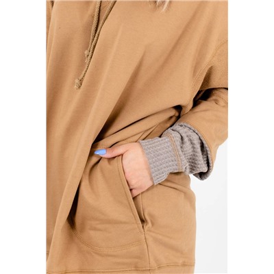 Camel Contrast Hood Patchwork Pocketed Baggy Sweatshirt