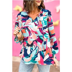 Multicolor Abstract Print Frill Tie V Neck Long Sleeve Blouse