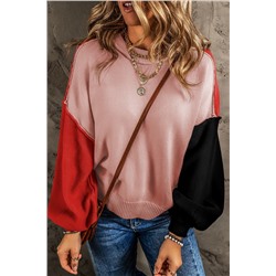 Pink Colorblock Bishop Sleeve Ribbed Trim Sweater