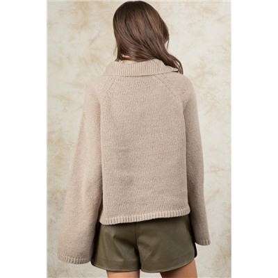 Smoke Gray Wide Sleeve High Neck Side Buttoned Sweater