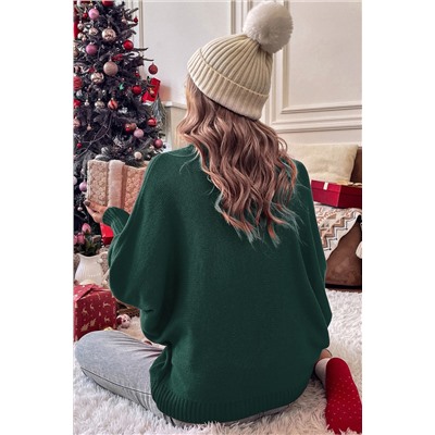 Blackish Green Merry Letter Embroidered High Neck Sweater